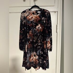 Calvin Klein Dark Floral Long Sleeve Dress Velvet Texture Size 10